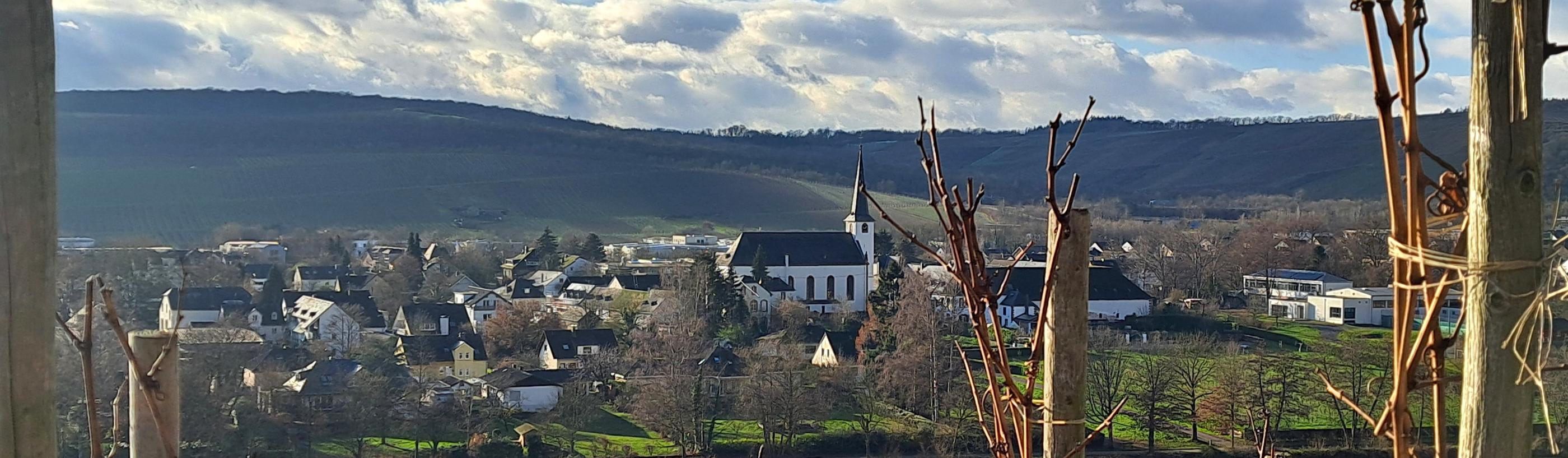 Longuicher Kirche mit Mosel im Vordergrund