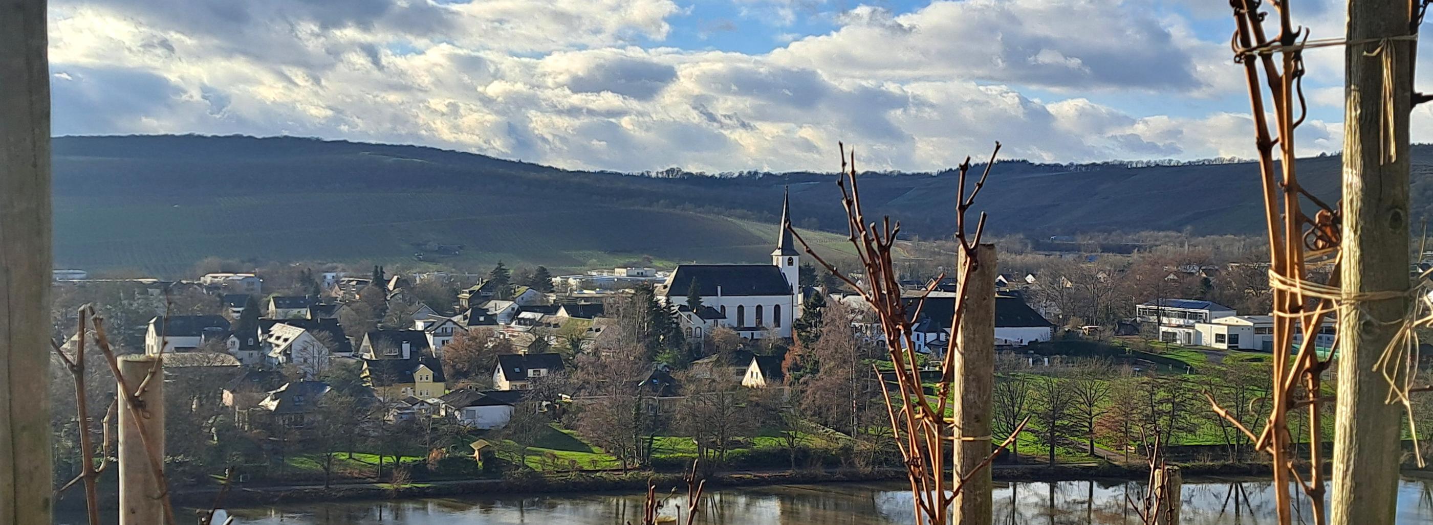 Longuicher Kirche mit Mosel im Vordergrund