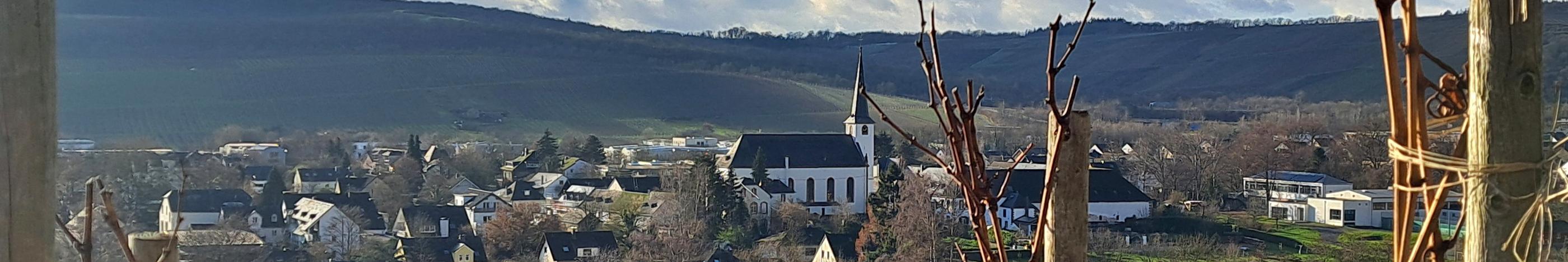 Longuicher Kirche mit Mosel im Vordergrund