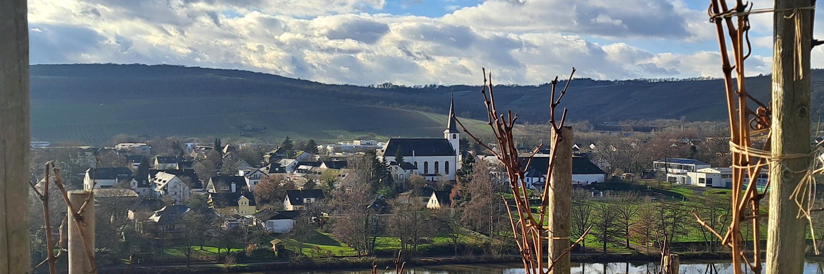 Longuicher Kirche mit Mosel im Vordergrund